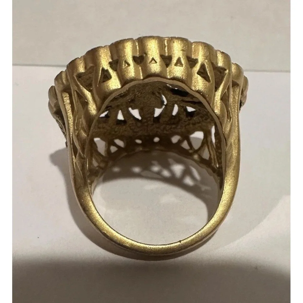 Filigree Shield Gold Tone CZ & Marcasite Rhinestone Cocktail Ring Sz 6 Statement